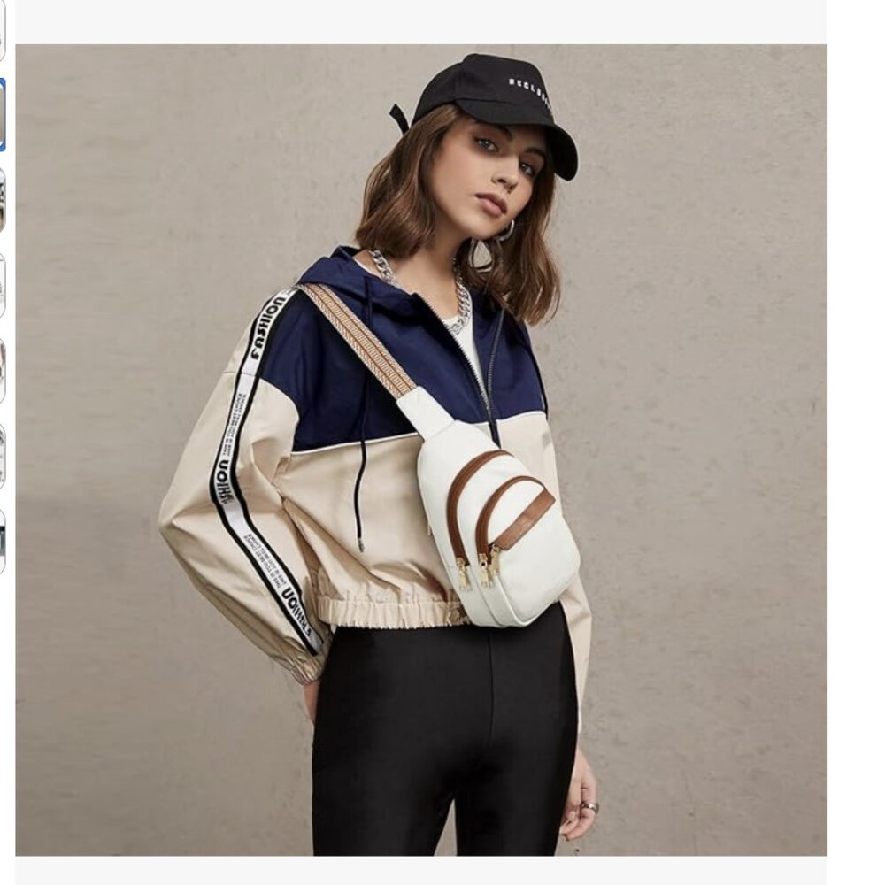 White Crossbody Belt Bag with Brown Trim - Women's Fashion Bag
